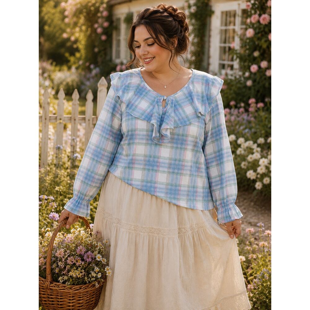 Cottagecore Prairie Blouse Pastel Plaid Ruffle Top Romantic Plus Size 2X